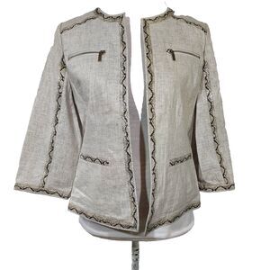 Chico's Linen Blend Jacket Zip Pockets Faux Snakeskin Edging Size 0 Womens Small